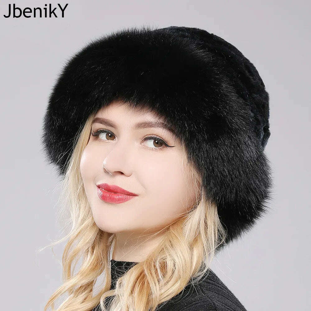 KIMLUD, Luxury Women Winter Hat Real Rex Rabbit Fur Bomber Hats Lady Winter Genuine Fox Fur Cap Beanies Warm Soft Fluffy Natural Fur Hat, KIMLUD Womens Clothes