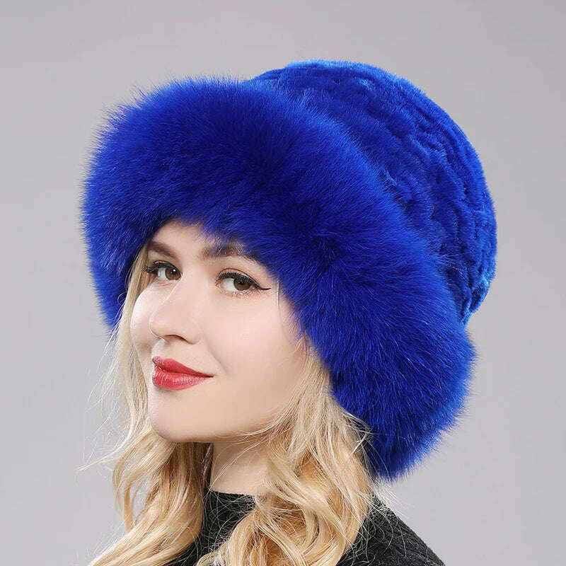KIMLUD, Luxury Women Winter Hat Real Rex Rabbit Fur Bomber Hats Lady Winter Genuine Fox Fur Cap Beanies Warm Soft Fluffy Natural Fur Hat, blue / One Size, KIMLUD Womens Clothes