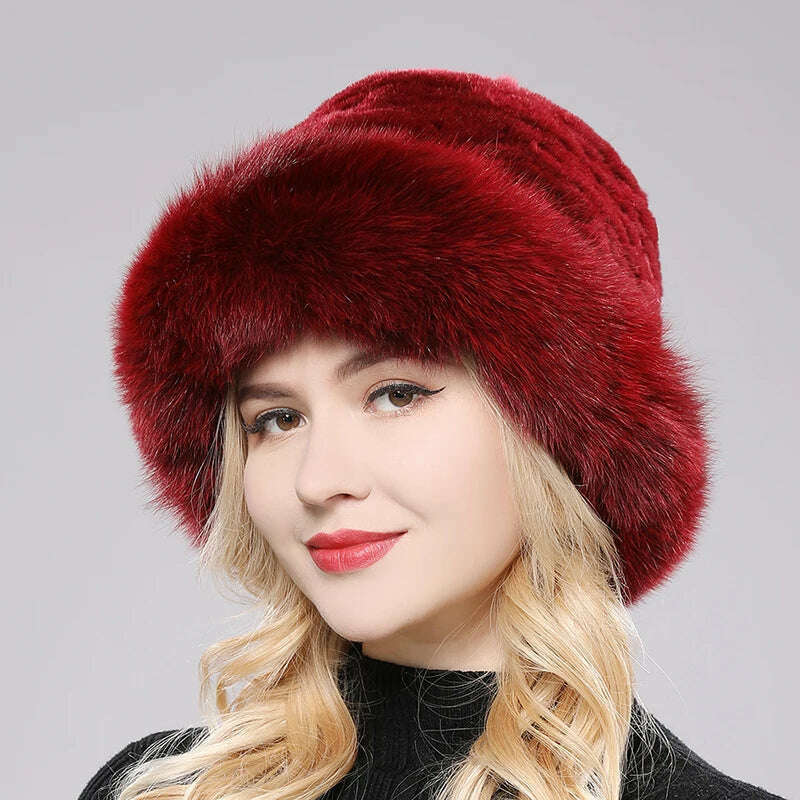 KIMLUD, Luxury Women Winter Hat Real Rex Rabbit Fur Bomber Hats Lady Winter Genuine Fox Fur Cap Beanies Warm Soft Fluffy Natural Fur Hat, wine red / One Size, KIMLUD Womens Clothes