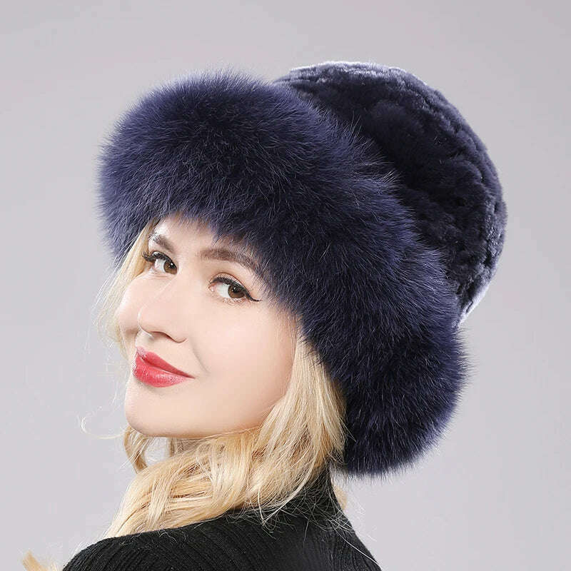KIMLUD, Luxury Women Winter Hat Real Rex Rabbit Fur Bomber Hats Lady Winter Genuine Fox Fur Cap Beanies Warm Soft Fluffy Natural Fur Hat, dark blue / One Size, KIMLUD Womens Clothes