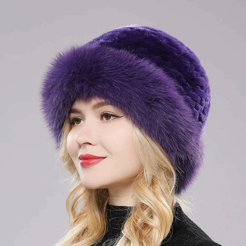KIMLUD, Luxury Women Winter Hat Real Rex Rabbit Fur Bomber Hats Lady Winter Genuine Fox Fur Cap Beanies Warm Soft Fluffy Natural Fur Hat, purple / One Size, KIMLUD Womens Clothes