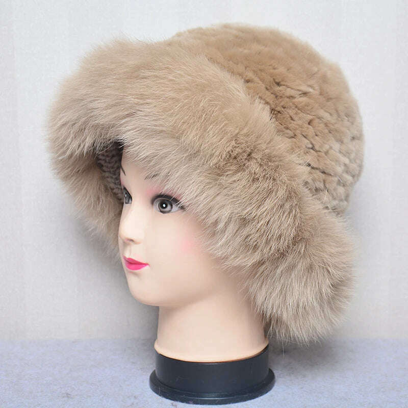 KIMLUD, Luxury Women Winter Hat Real Rex Rabbit Fur Bomber Hats Lady Winter Genuine Fox Fur Cap Beanies Warm Soft Fluffy Natural Fur Hat, khaki / One Size, KIMLUD Womens Clothes
