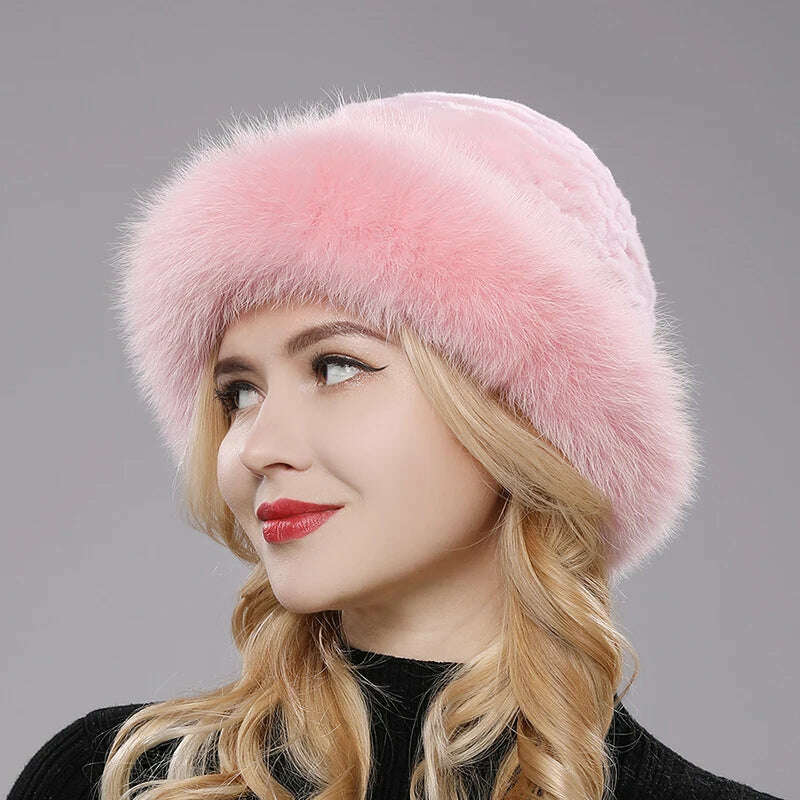 KIMLUD, Luxury Women Winter Hat Real Rex Rabbit Fur Bomber Hats Lady Winter Genuine Fox Fur Cap Beanies Warm Soft Fluffy Natural Fur Hat, pink / One Size, KIMLUD Womens Clothes