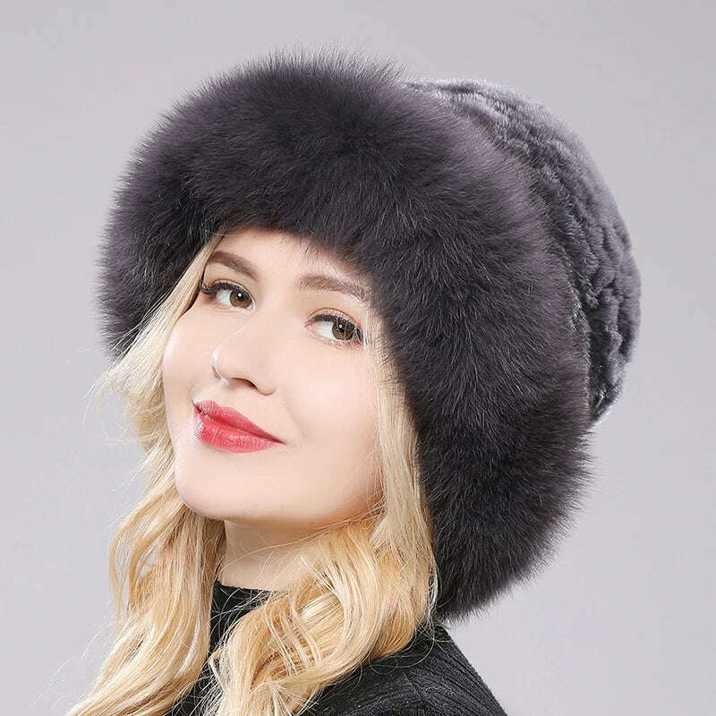 KIMLUD, Luxury Women Winter Hat Real Rex Rabbit Fur Bomber Hats Lady Winter Genuine Fox Fur Cap Beanies Warm Soft Fluffy Natural Fur Hat, dark grey / One Size, KIMLUD Womens Clothes