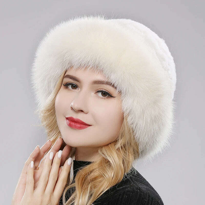 KIMLUD, Luxury Women Winter Hat Real Rex Rabbit Fur Bomber Hats Lady Winter Genuine Fox Fur Cap Beanies Warm Soft Fluffy Natural Fur Hat, beige / One Size, KIMLUD Womens Clothes