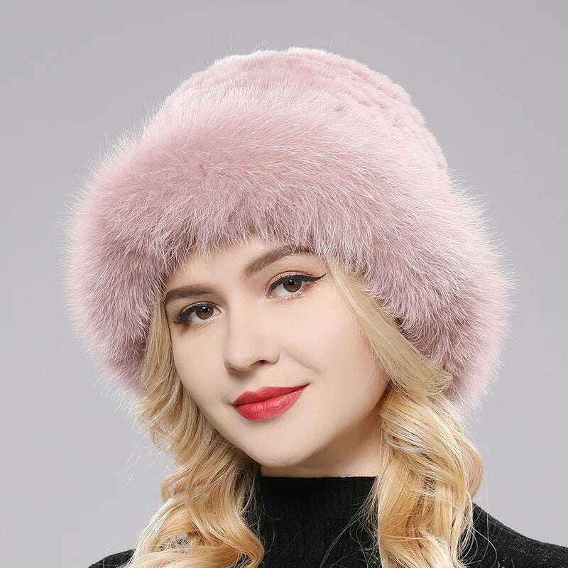 KIMLUD, Luxury Women Winter Hat Real Rex Rabbit Fur Bomber Hats Lady Winter Genuine Fox Fur Cap Beanies Warm Soft Fluffy Natural Fur Hat, beige pink / One Size, KIMLUD Womens Clothes