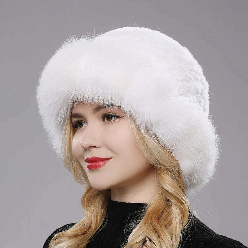 KIMLUD, Luxury Women Winter Hat Real Rex Rabbit Fur Bomber Hats Lady Winter Genuine Fox Fur Cap Beanies Warm Soft Fluffy Natural Fur Hat, white / One Size, KIMLUD Womens Clothes