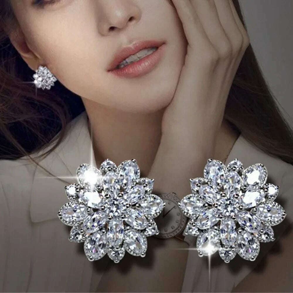 KIMLUD, Luxury zircon diamonds snow stud earrings women 18k white gold silver color bridal dress feast party jewelry bijoux bague gifts, KIMLUD Women's Clothes