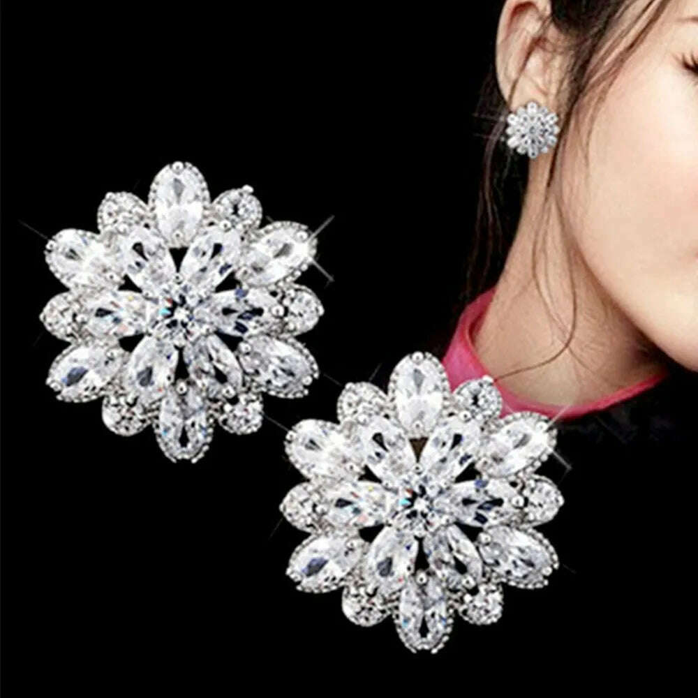 KIMLUD, Luxury zircon diamonds snow stud earrings women 18k white gold silver color bridal dress feast party jewelry bijoux bague gifts, KIMLUD Womens Clothes