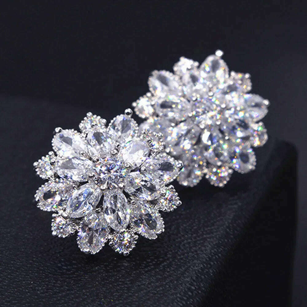 KIMLUD, Luxury zircon diamonds snow stud earrings women 18k white gold silver color bridal dress feast party jewelry bijoux bague gifts, Stud earrings / CHINA, KIMLUD Women's Clothes