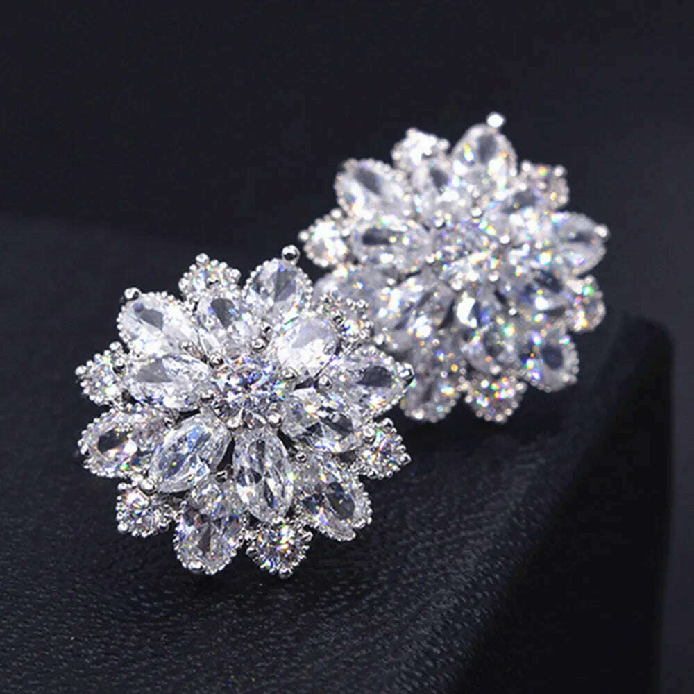 KIMLUD, Luxury zircon diamonds snow stud earrings women 18k white gold silver color bridal dress feast party jewelry bijoux bague gifts, Stud earrings / CHINA, KIMLUD APPAREL - Womens Clothes