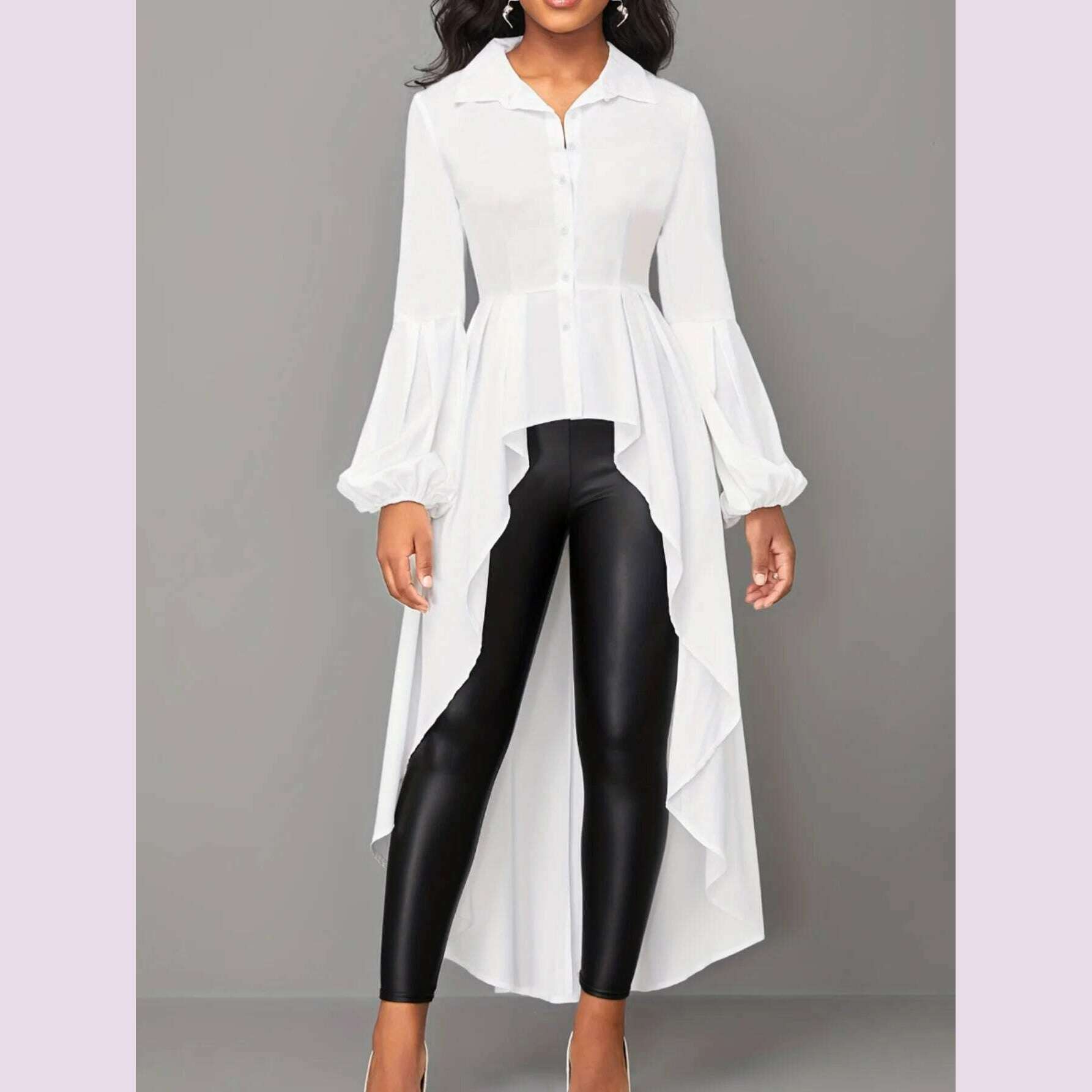 LW Plus Size Asymmetrical A Line Blouse Fashion Shirts Women's Hem Blouses Casual Long Puff Sleeve Female Lapale Neck Button Top - KIMLUD