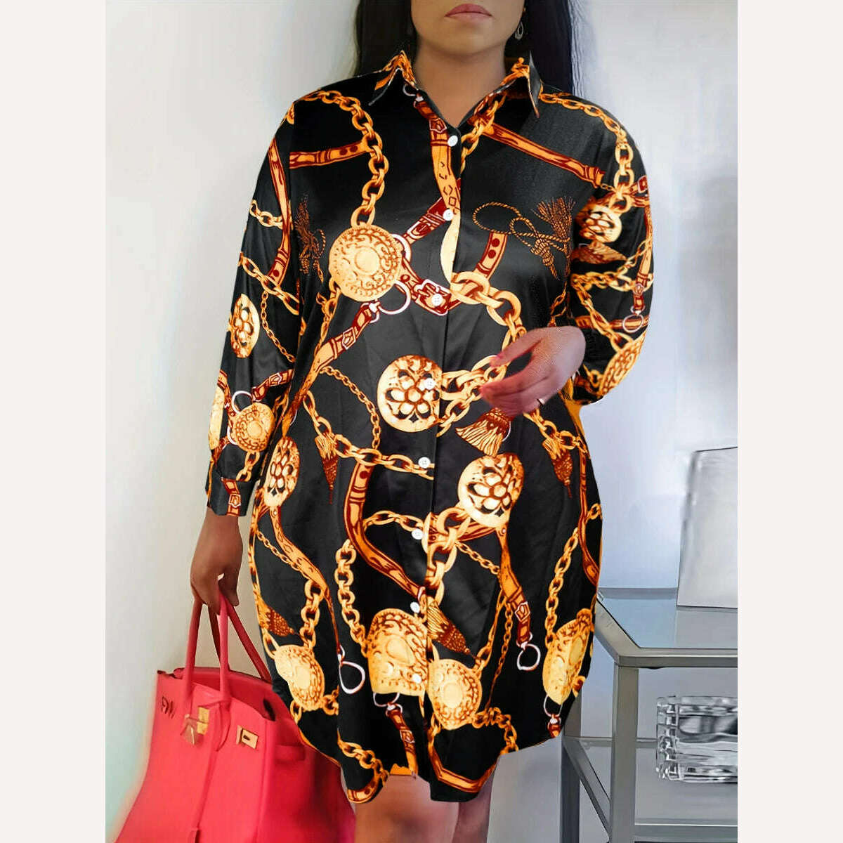 KIMLUD, LW Plus Size Casual Print Croci Shirt Dress 2024 Women Autumn Winter Turndown Collar Long Sleeve Wrapped Skirt Mini Dresses, Black / XL, KIMLUD APPAREL - Womens Clothes
