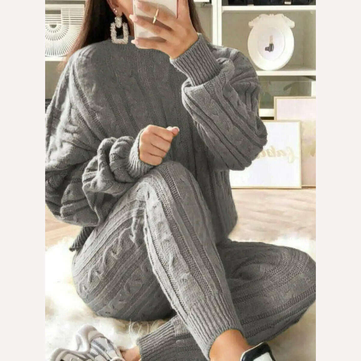 KIMLUD, LW Plus Size Dropped Shoulder Knit Pants Set Women's Long Sleeve Knitted Casual Two-piece Sweater Long Sleeve Top Thick Sweaters, Gray / L, KIMLUD Women's Clothes