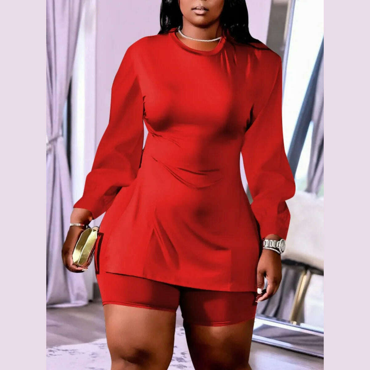 KIMLUD, LW Plus Size shorts sets Round Neck Side Split Shorts Set Spring summer long sleeve Top + shorts sets Fashion women clothing, Red / XXL, KIMLUD APPAREL - Womens Clothes