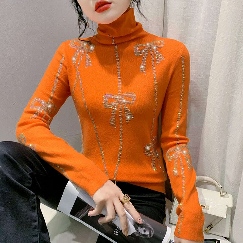 KIMLUD, MadBlack European Clothes Sweater Women Turtleneck Bowtie Hot Drill Slim Knitwear Long Sleeve Pullover Autumn Winter T39974JC, Orange / Free, KIMLUD APPAREL - Womens Clothes