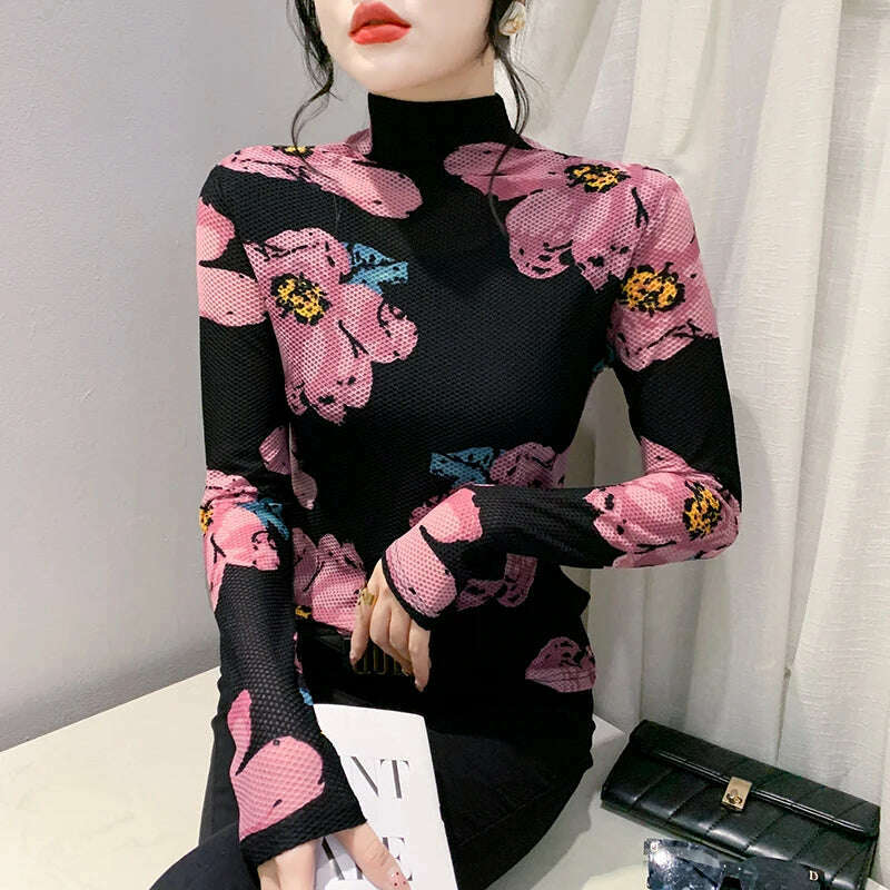 MadBlack European Clothes Tshirt Women Turtleneck Fashion Print Slim Mesh Tops Long Sleeve Workwear Tees Autumn Winter T30692JC - KIMLUD