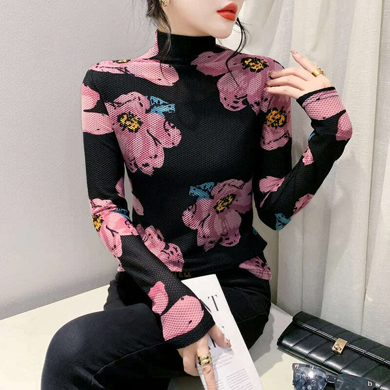 MadBlack European Clothes Tshirt Women Turtleneck Fashion Print Slim Mesh Tops Long Sleeve Workwear Tees Autumn Winter T30692JC - KIMLUD
