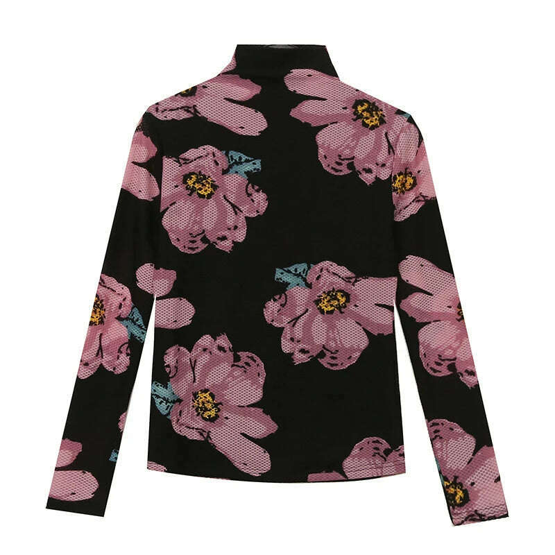 MadBlack European Clothes Tshirt Women Turtleneck Fashion Print Slim Mesh Tops Long Sleeve Workwear Tees Autumn Winter T30692JC - KIMLUD