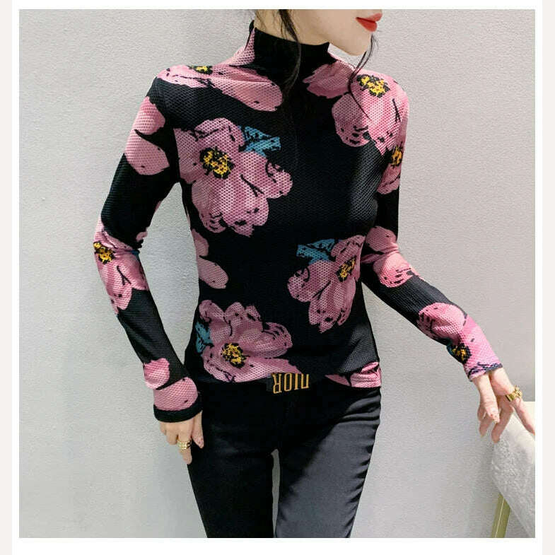 MadBlack European Clothes Tshirt Women Turtleneck Fashion Print Slim Mesh Tops Long Sleeve Workwear Tees Autumn Winter T30692JC - KIMLUD