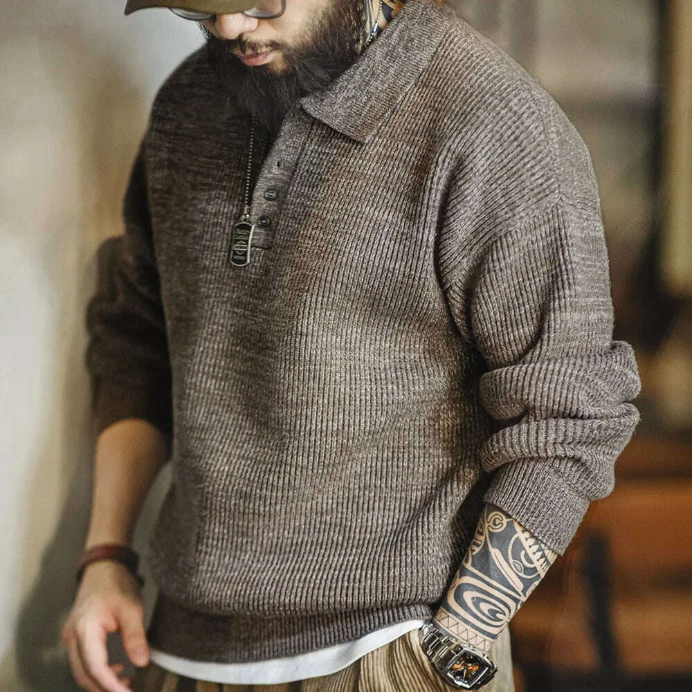 Maden Retro Knitted Polo Shirt Loose Coffee Color Lapel Sweater Autumn Winter Men's Uncle Fu Jumper Casual Knitwear - KIMLUD
