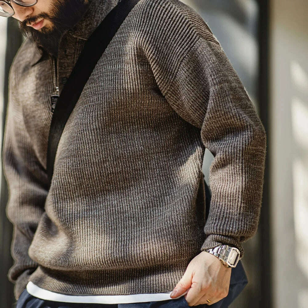 Maden Retro Knitted Polo Shirt Loose Coffee Color Lapel Sweater Autumn Winter Men's Uncle Fu Jumper Casual Knitwear - KIMLUD