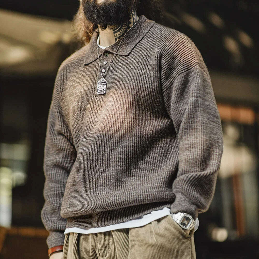 Maden Retro Knitted Polo Shirt Loose Coffee Color Lapel Sweater Autumn Winter Men's Uncle Fu Jumper Casual Knitwear - KIMLUD