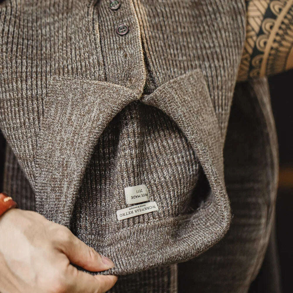 Maden Retro Knitted Polo Shirt Loose Coffee Color Lapel Sweater Autumn Winter Men's Uncle Fu Jumper Casual Knitwear - KIMLUD