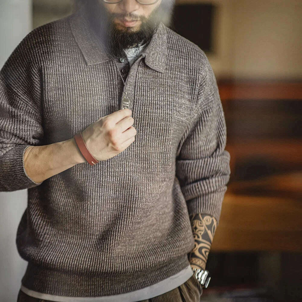 Maden Retro Knitted Polo Shirt Loose Coffee Color Lapel Sweater Autumn Winter Men's Uncle Fu Jumper Casual Knitwear - KIMLUD