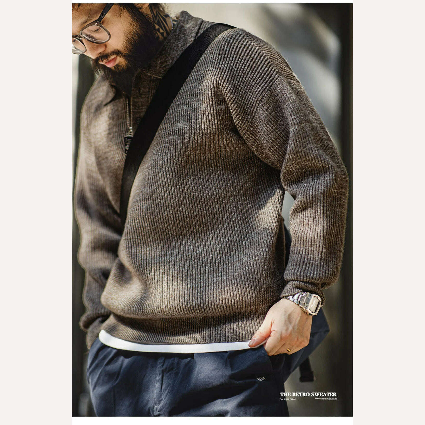 Maden Retro Knitted Polo Shirt Loose Coffee Color Lapel Sweater Autumn Winter Men's Uncle Fu Jumper Casual Knitwear - KIMLUD