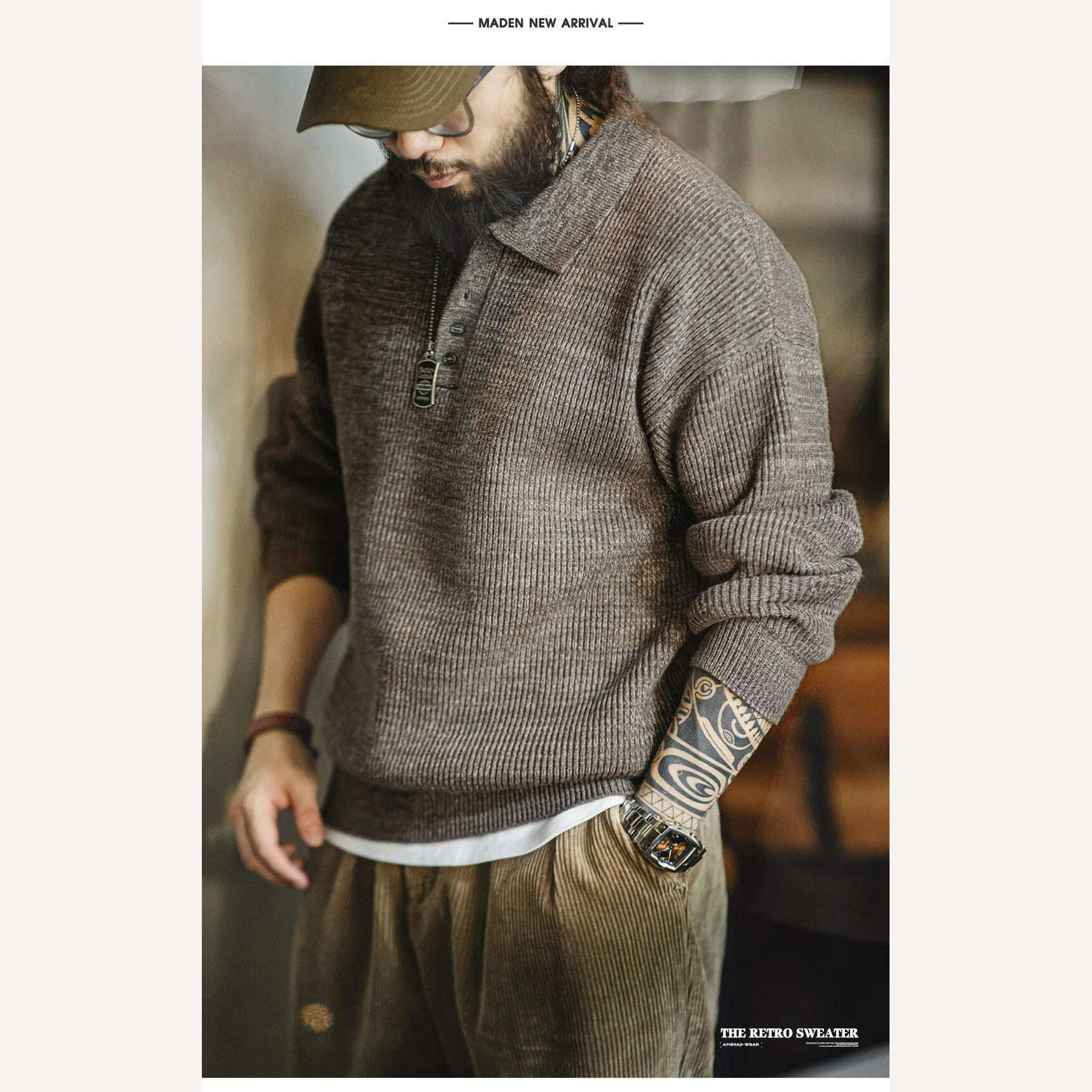 Maden Retro Knitted Polo Shirt Loose Coffee Color Lapel Sweater Autumn Winter Men's Uncle Fu Jumper Casual Knitwear - KIMLUD