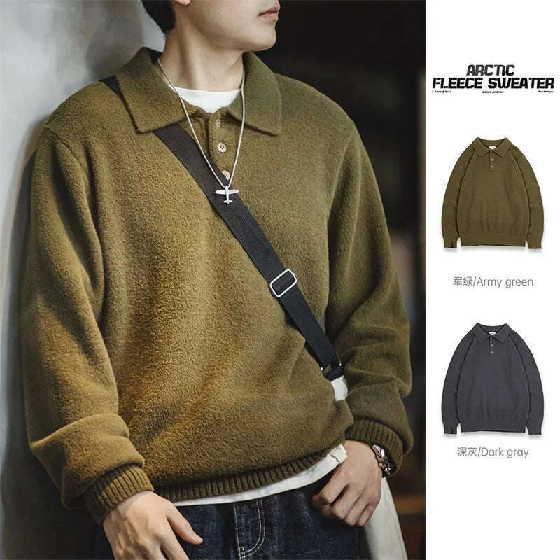 Maden Vintage Arctic Feece Polo Sweater 2023 Autumn Winter Army Green Warm Knit Pullover Men's Solid Color Heavyweight Jumper - KIMLUD
