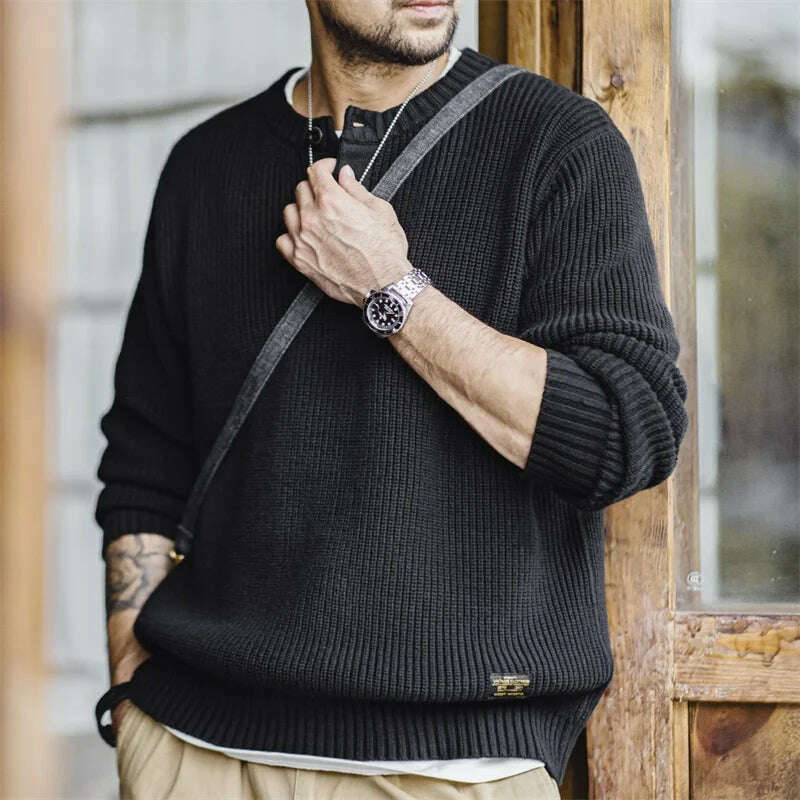 Maden Vintage Black Knitted Henley Pullover Men's Amekaji Vertical Stripes Sweater 2023 Winter Warm Jumper Brand Clothing - KIMLUD