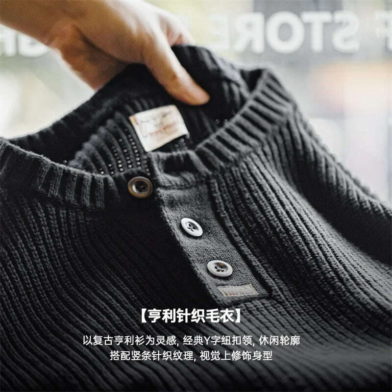 Maden Vintage Black Knitted Henley Pullover Men's Amekaji Vertical Stripes Sweater 2023 Winter Warm Jumper Brand Clothing - KIMLUD