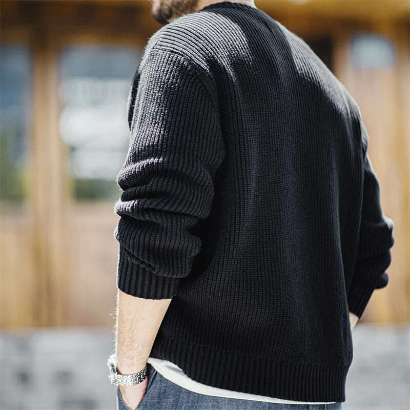 Maden Vintage Black Knitted Henley Pullover Men's Amekaji Vertical Stripes Sweater 2023 Winter Warm Jumper Brand Clothing - KIMLUD