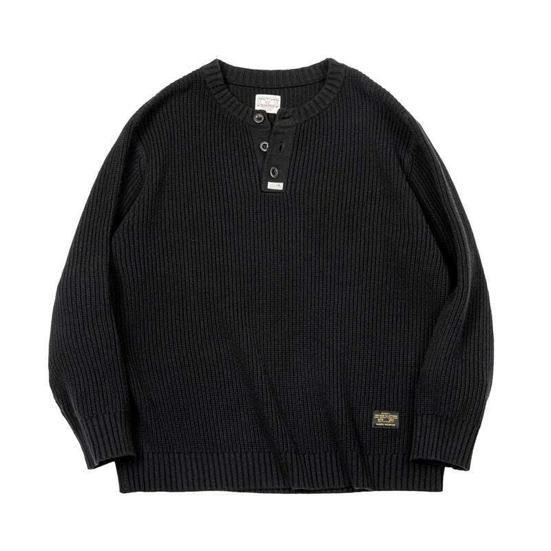 Maden Vintage Black Knitted Henley Pullover Men's Amekaji Vertical Stripes Sweater 2023 Winter Warm Jumper Brand Clothing - KIMLUD