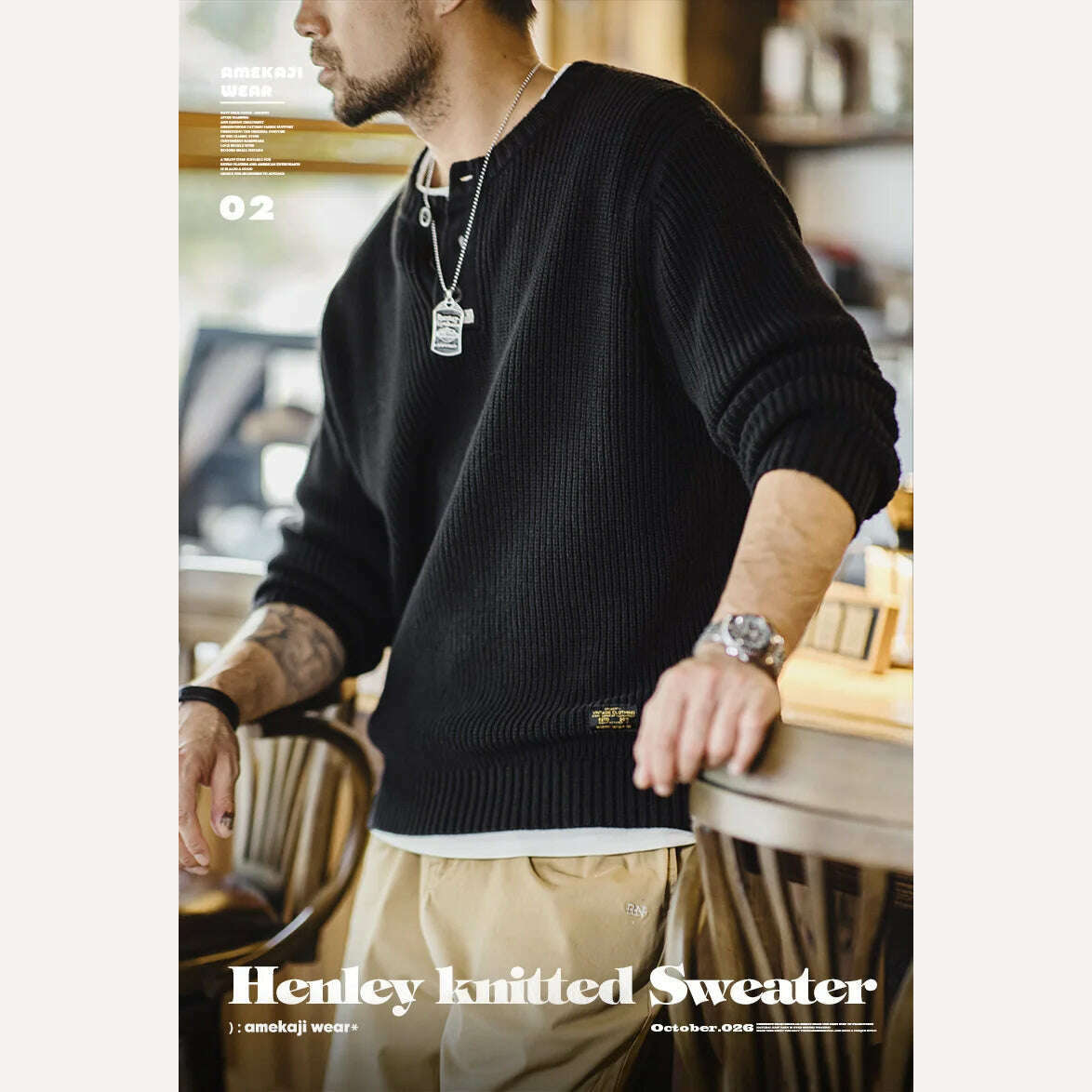 Maden Vintage Black Knitted Henley Pullover Men's Amekaji Vertical Stripes Sweater 2023 Winter Warm Jumper Brand Clothing - KIMLUD