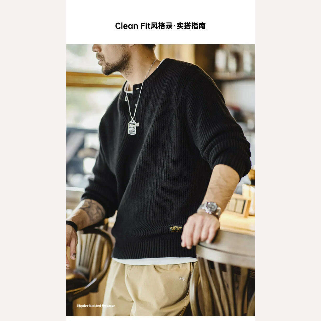 Maden Vintage Black Knitted Henley Pullover Men's Amekaji Vertical Stripes Sweater 2023 Winter Warm Jumper Brand Clothing - KIMLUD