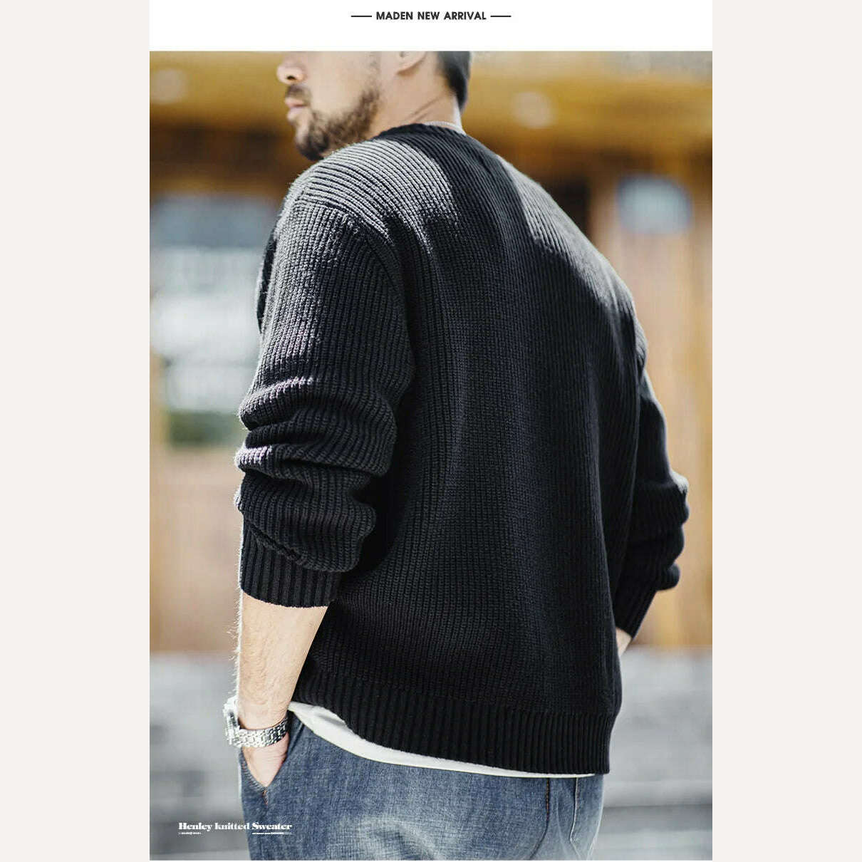 Maden Vintage Black Knitted Henley Pullover Men's Amekaji Vertical Stripes Sweater 2023 Winter Warm Jumper Brand Clothing - KIMLUD