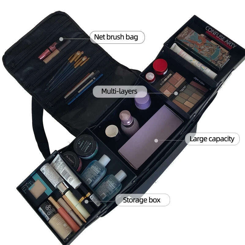 KIMLUD, Make up bag hand-held large capacity multi-layer manicure hairdressing embroidery tool kit cosmetics storage case toiletry bag, KIMLUD Women's Clothes