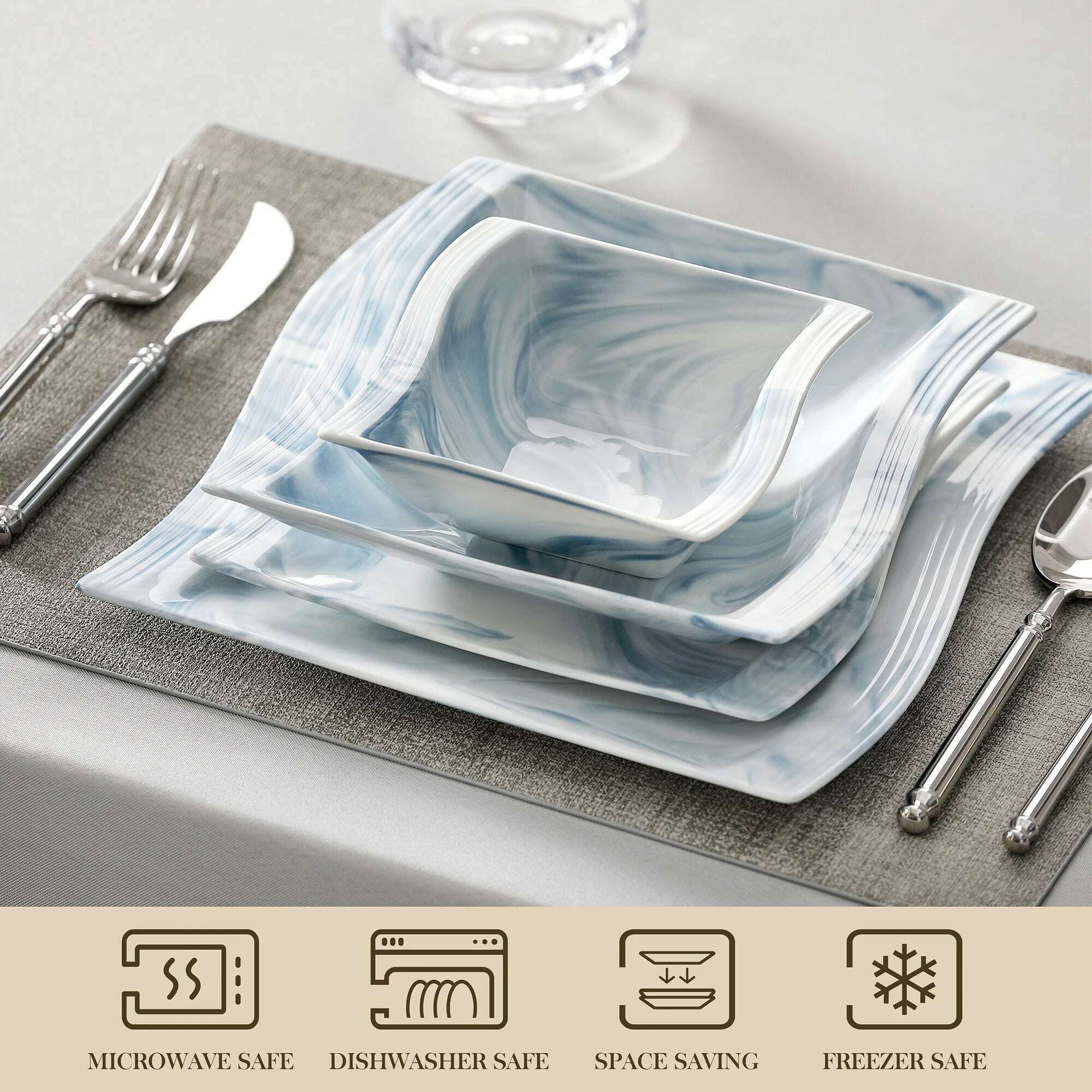 KIMLUD, MALACASA FLORA 26-PIECE Nordic European Marble Blue Porcelain Tableware Set with Bowl,Dinner Plate,Dessert&Soup Plate Set for 6, KIMLUD Womens Clothes