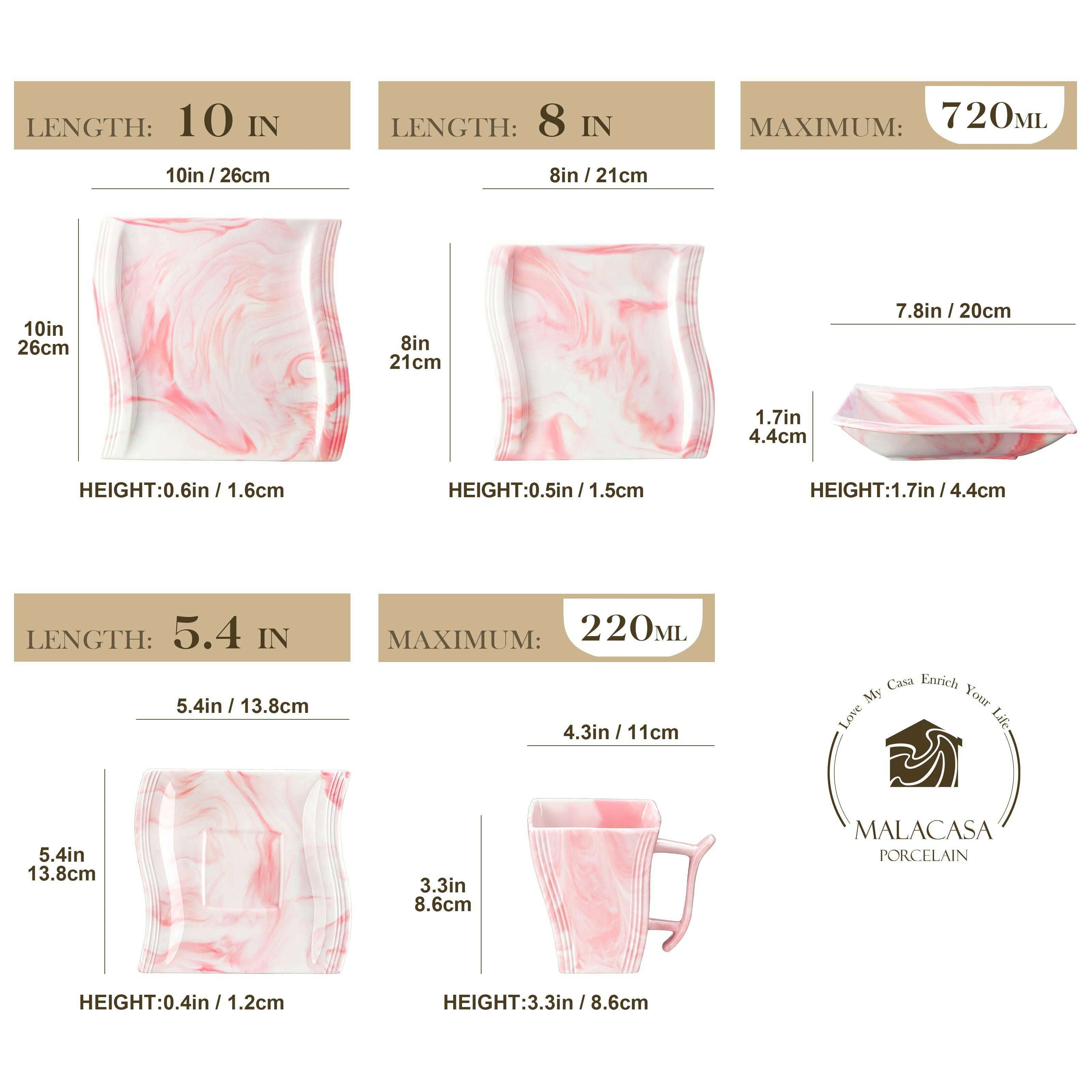 KIMLUD, MALACASA Flora 30-Piece Marble Pink Porcelain Dinnerware Set with 6*Dinner ,Dessert,Soup Plate,Cups&Saucers Two color optional, KIMLUD Womens Clothes