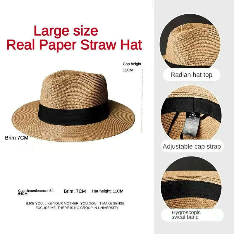 KIMLUD, Male Foldable Big Head Straw Hat Panama Summer Outdoors Cowboy Hat Sandy Beach Sun Hats Man Plus Size Fedora Hat 57CM 60CM 64CM, KIMLUD Womens Clothes