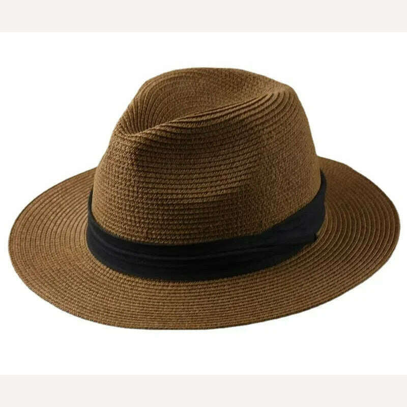 KIMLUD, Male Foldable Big Head Straw Hat Panama Summer Outdoors Cowboy Hat Sandy Beach Sun Hats Man Plus Size Fedora Hat 57CM 60CM 64CM, coffee / 52cm-54.5cm, KIMLUD Womens Clothes