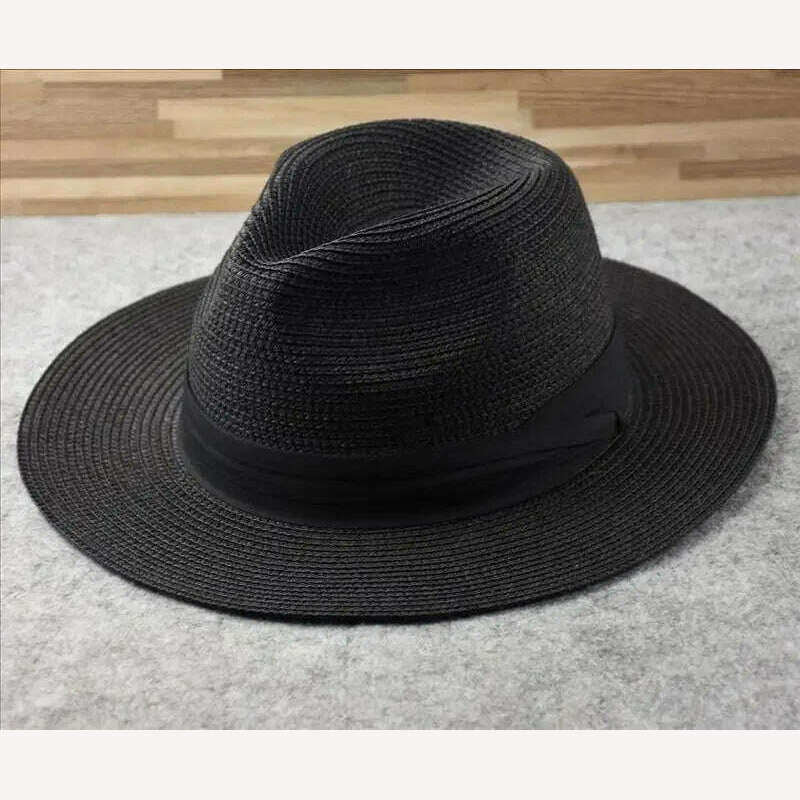 KIMLUD, Male Foldable Big Head Straw Hat Panama Summer Outdoors Cowboy Hat Sandy Beach Sun Hats Man Plus Size Fedora Hat 57CM 60CM 64CM, black / 52cm-54.5cm, KIMLUD Womens Clothes