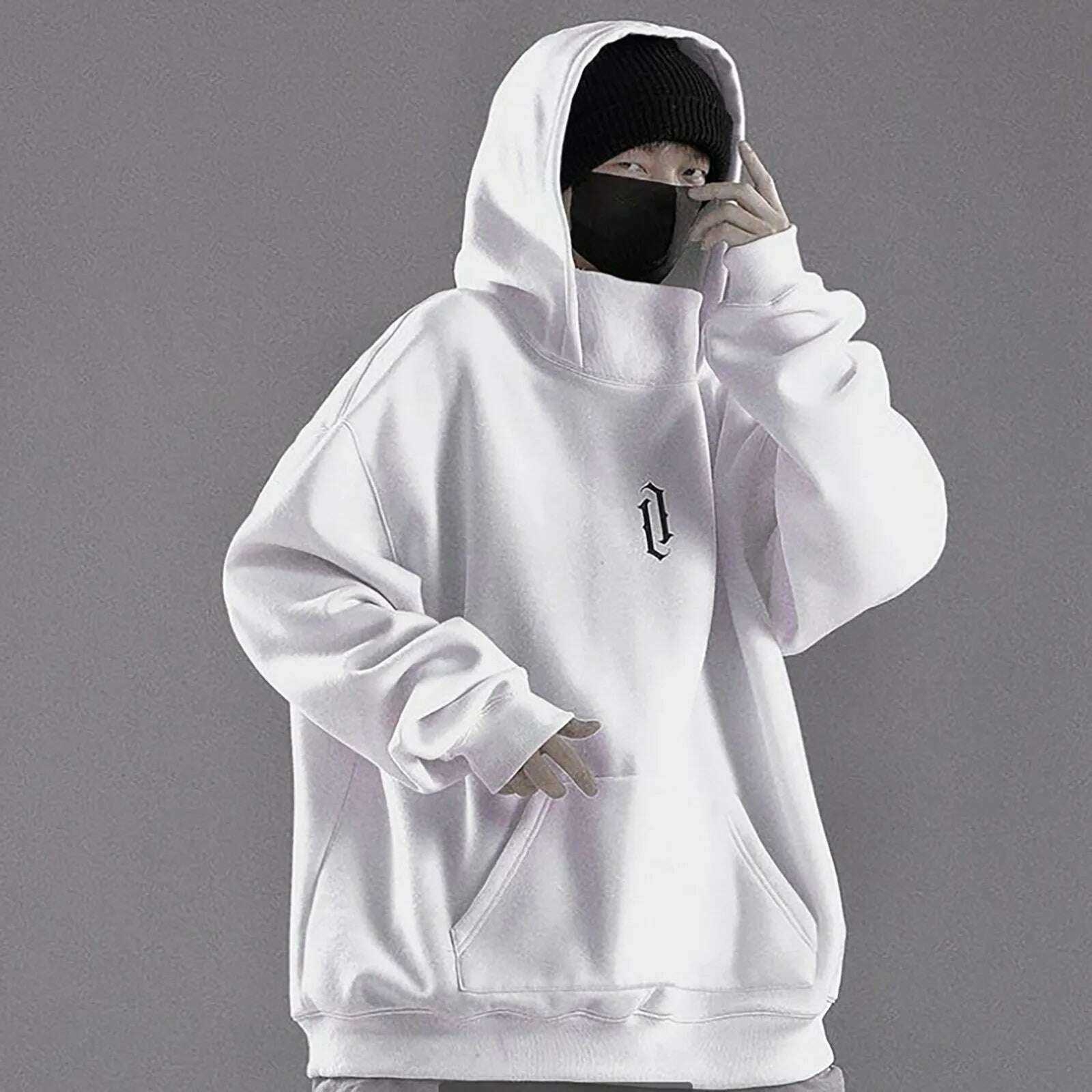 KIMLUD, Male Hooded Sweatshirt Autumn Winter Solid Hoodies Outdoor Long Sleeve Hoodie Pocket High Collar Loose Hiphop Sweatshirts, White / XXL, KIMLUD APPAREL - Womens Clothes
