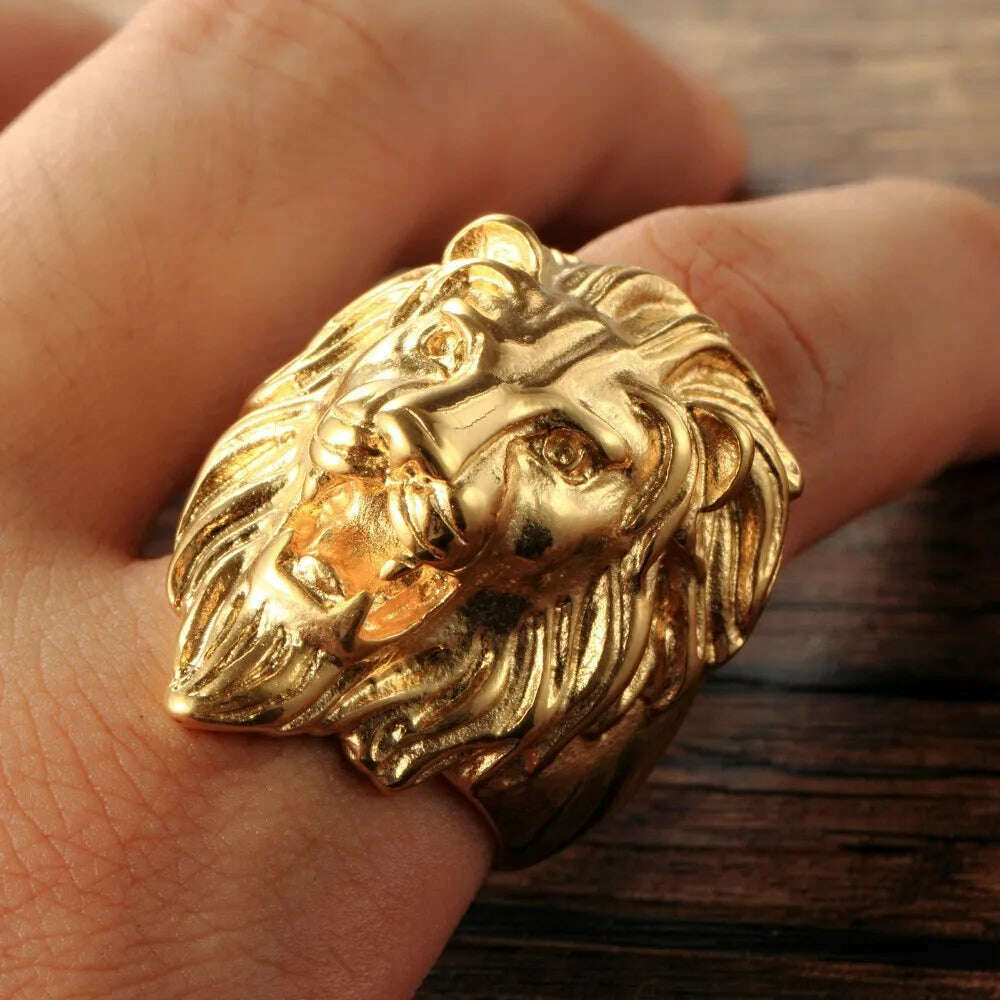 KIMLUD, Male ring fashion electroplating golden lion titanium steel ring, 12, KIMLUD Womens Clothes
