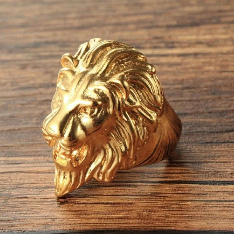 KIMLUD, Male ring fashion electroplating golden lion titanium steel ring, 7, KIMLUD Womens Clothes