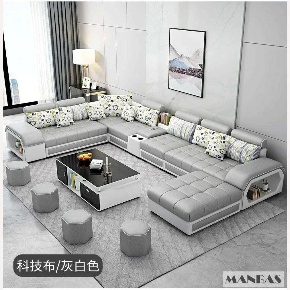 KIMLUD, MANBAS Fabric Sofa Set Furniture Living Room Sofa Set with USB and Stools / Big U Shape Cloth Couch Sofas for Home Furniture, KIMLUD Women's Clothes
