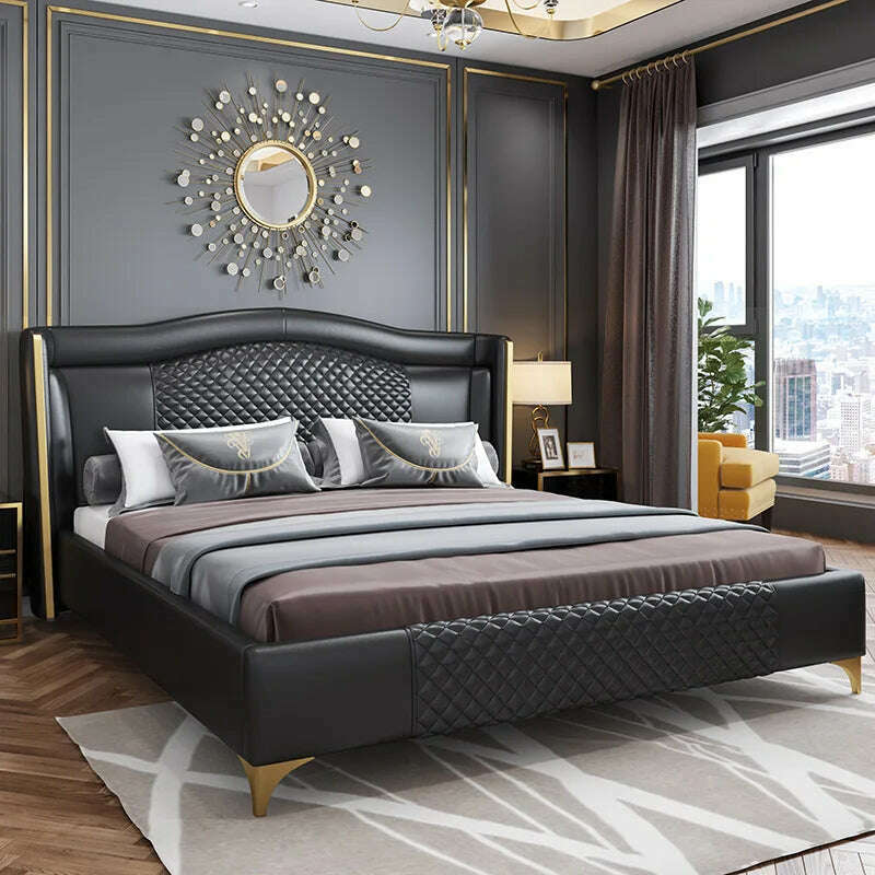 KIMLUD, MANBAS Genuine Leather Bed Nordic Double Size Rectangle Bed Frame Nordic King/Queen Size Wedding Lits Designer Upholstered Cama, KIMLUD Womens Clothes